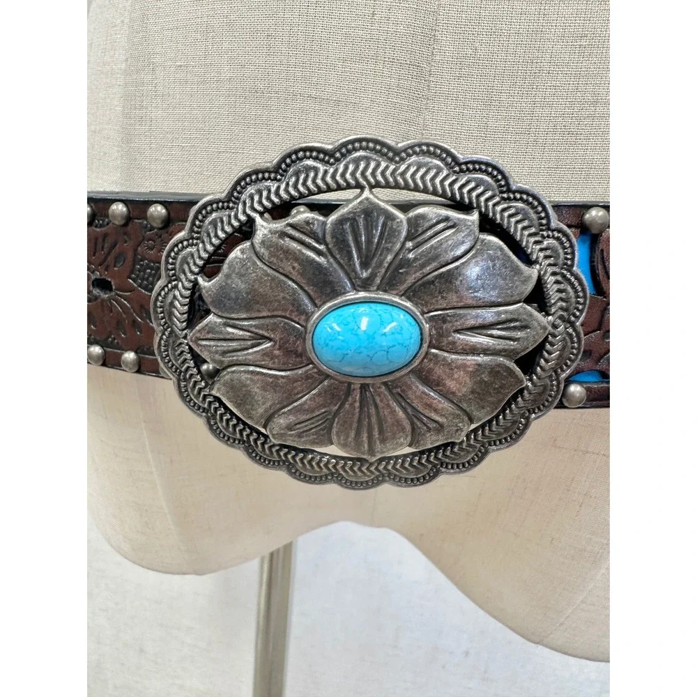 Leather Turquoise Floral Tooled Western Belt Womens Medium/Large Vegan‎ Leather